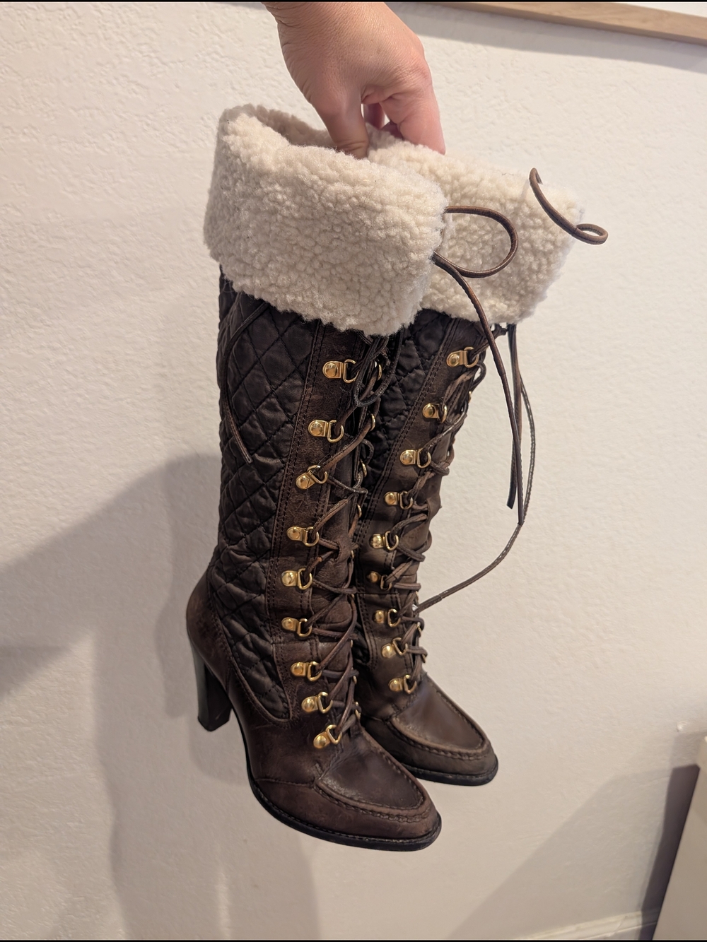 MICHAEL Michael Kors Brown Quilted Lace-Up Boots with Cream Shearling Cuff